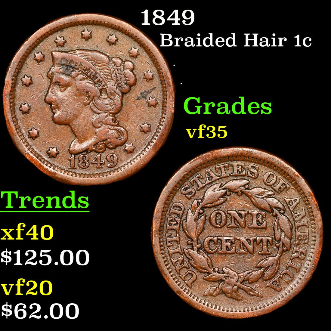 1849 Braided Hair Large Cent 1c Grades vf++ (1 of 3)