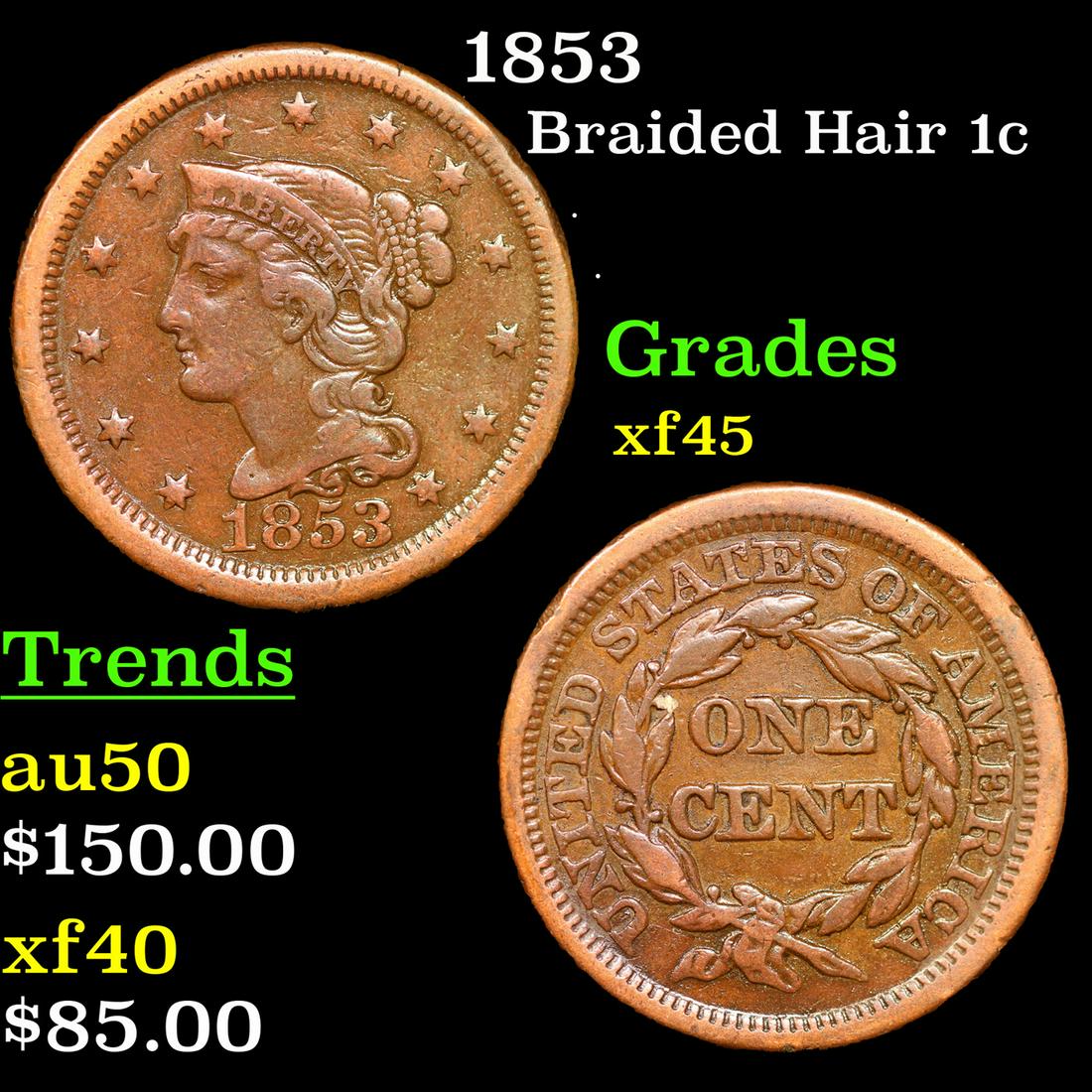 1853 Braided Hair Large Cent 1c Grades xf+ (1 of 3)