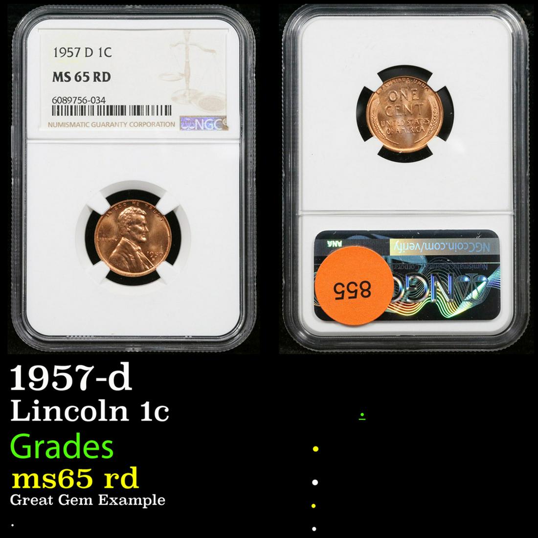 NGC 1957-d Lincoln Cent 1c Graded ms65 rd By NGC (1 of 3)