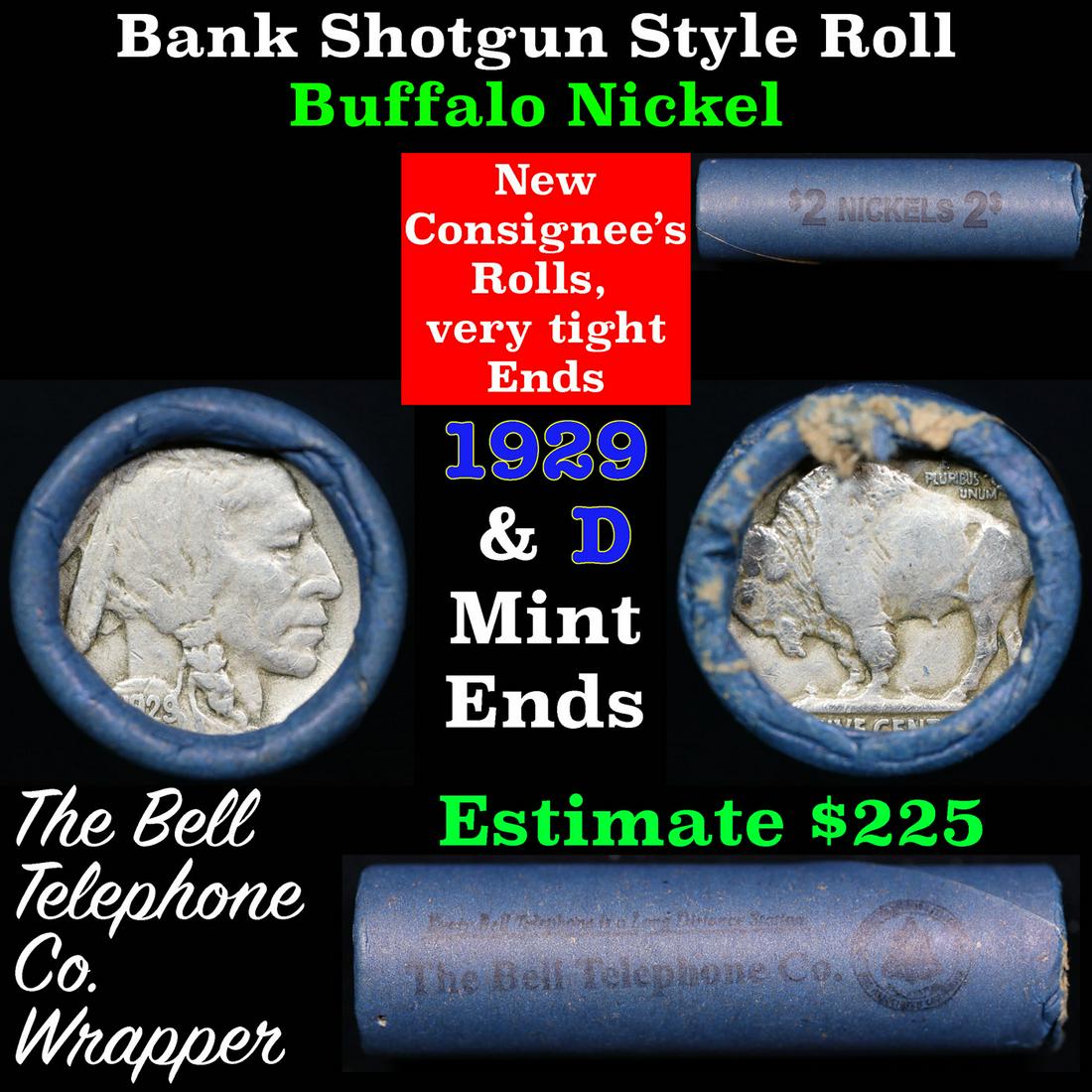 Buffalo Nickel Shotgun Roll in Old Bank Style 'Bell Telephone'  Wrapper 1929 & d Mint Ends (1 of 5)