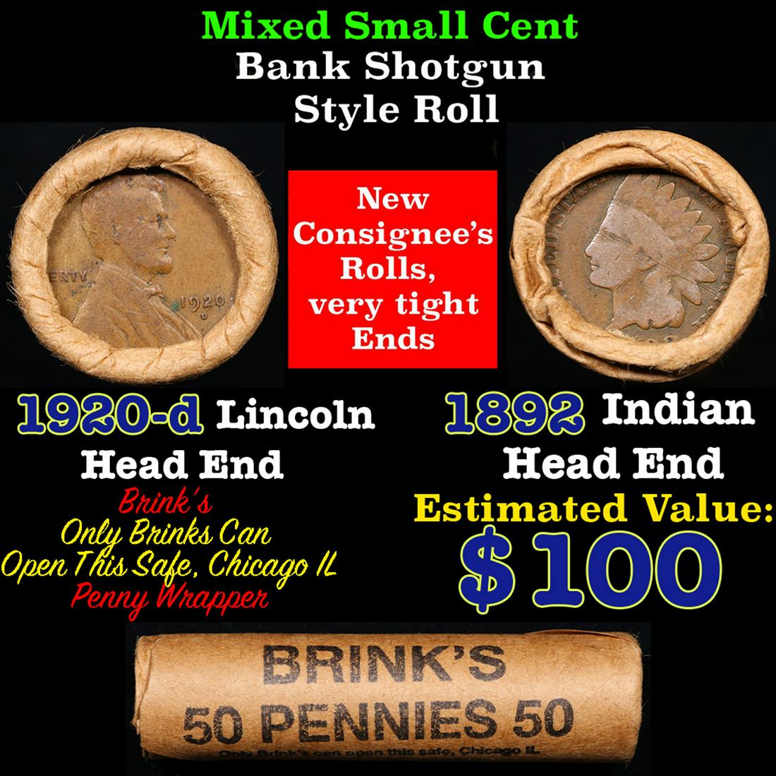 Mixed small cents 1c orig shotgun roll, 1920-d Wheat Cent, 1892 Indian Cent other end, McDonalds (1 of 4)