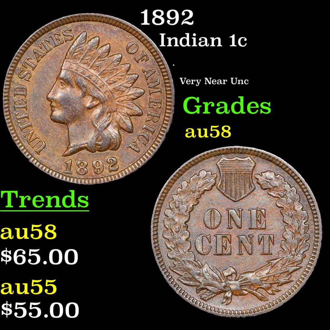 1892 Indian Cent 1c Grades Choice AU/BU Slider (1 of 3)