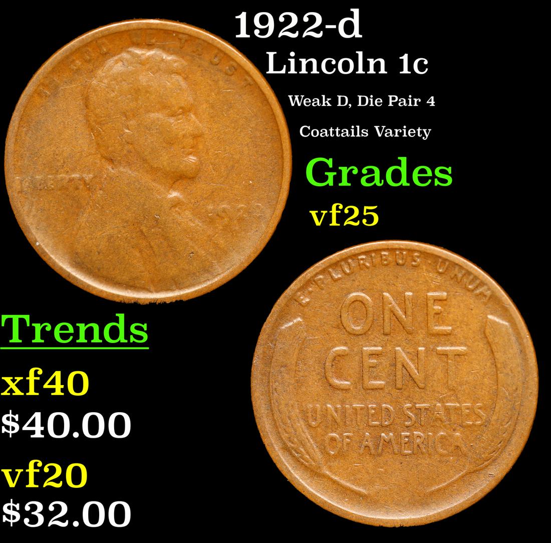 1922-d Lincoln Cent 1c Grades vf+ (1 of 3)