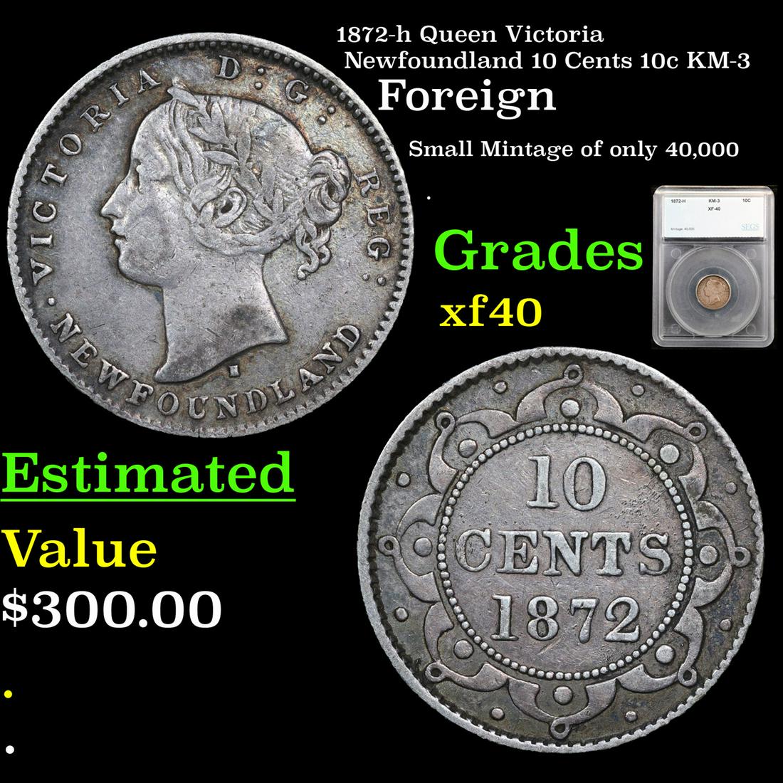 1872-h Queen Victoria Newfoundland 10 Cents 10c KM-3 Graded xf40 By SEGS (1 of 5)