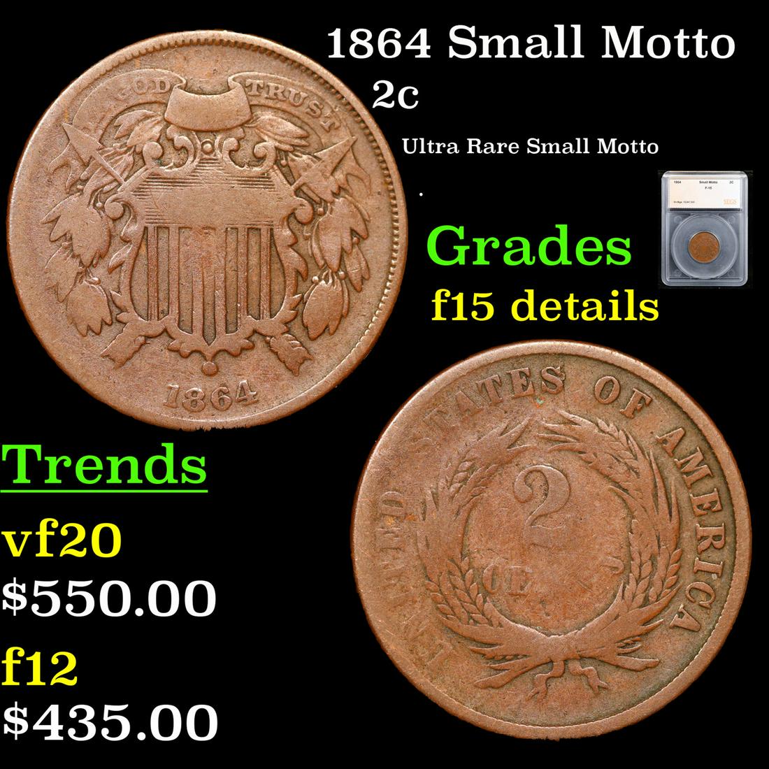 1864 Small Motto Two Cent Piece 2c Graded f15 details By SEGS (1 of 5)