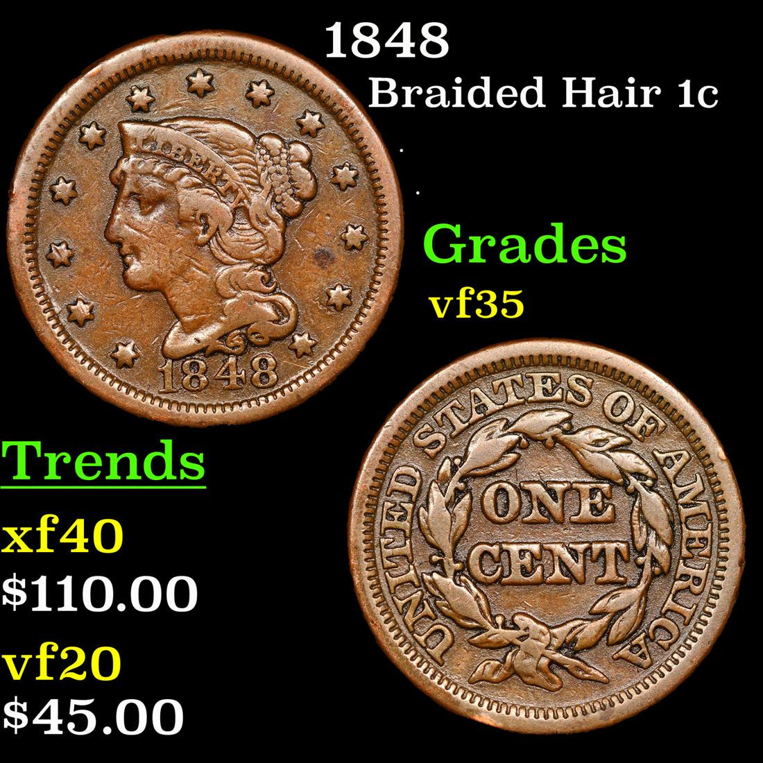 1848 Braided Hair Large Cent 1c Grades vf++ (1 of 3)