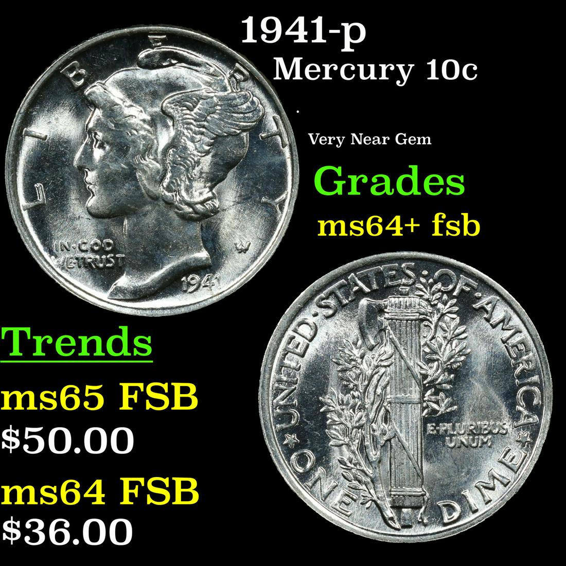 1941-p Mercury Dime 10c Grades Choice Unc+ FSB (1 of 3)