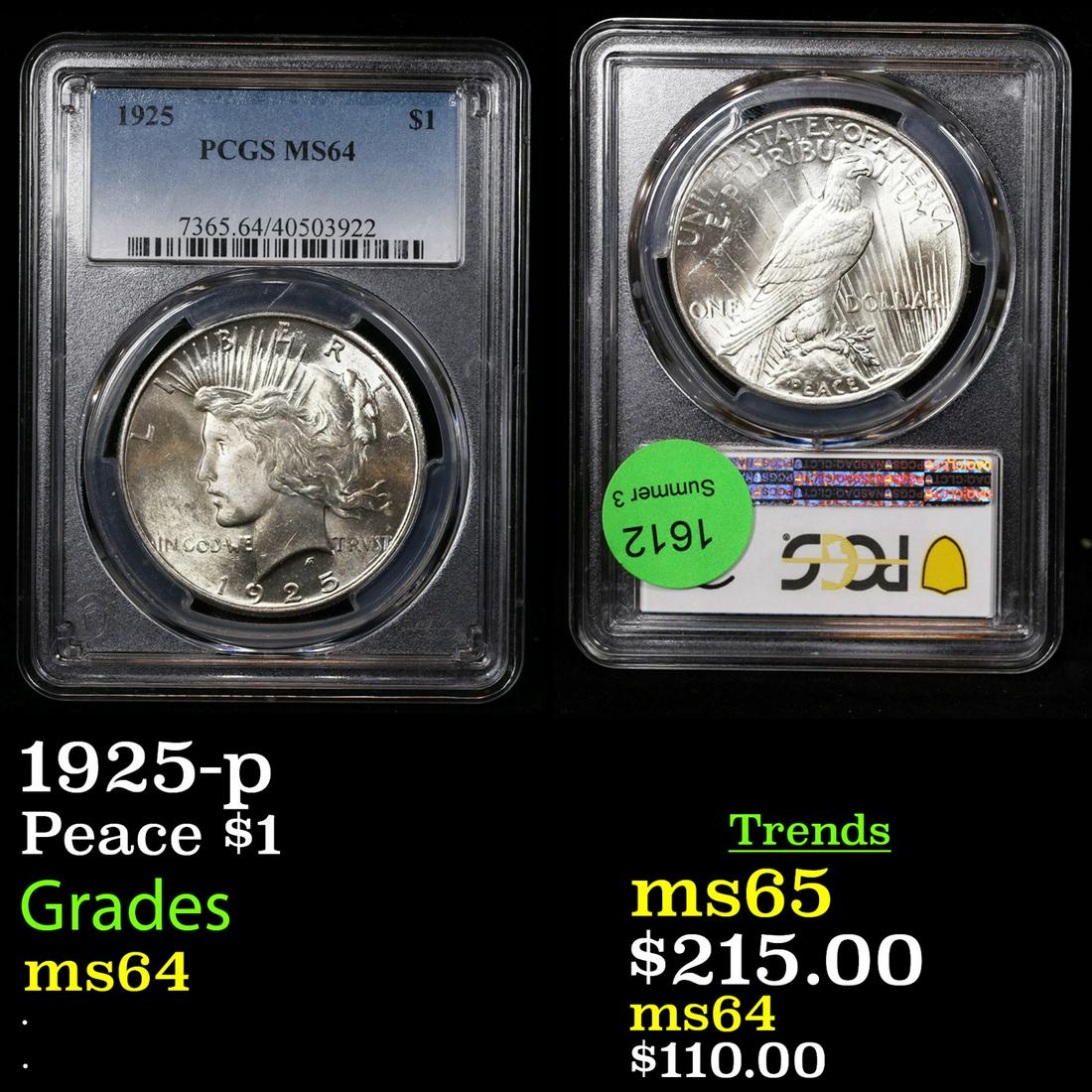 PCGS 1925-p Peace Dollar $1 Graded ms64 By PCGS (1 of 3)