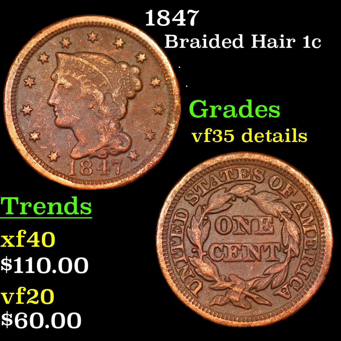 1847 Braided Hair Large Cent 1c Grades vf details (1 of 3)
