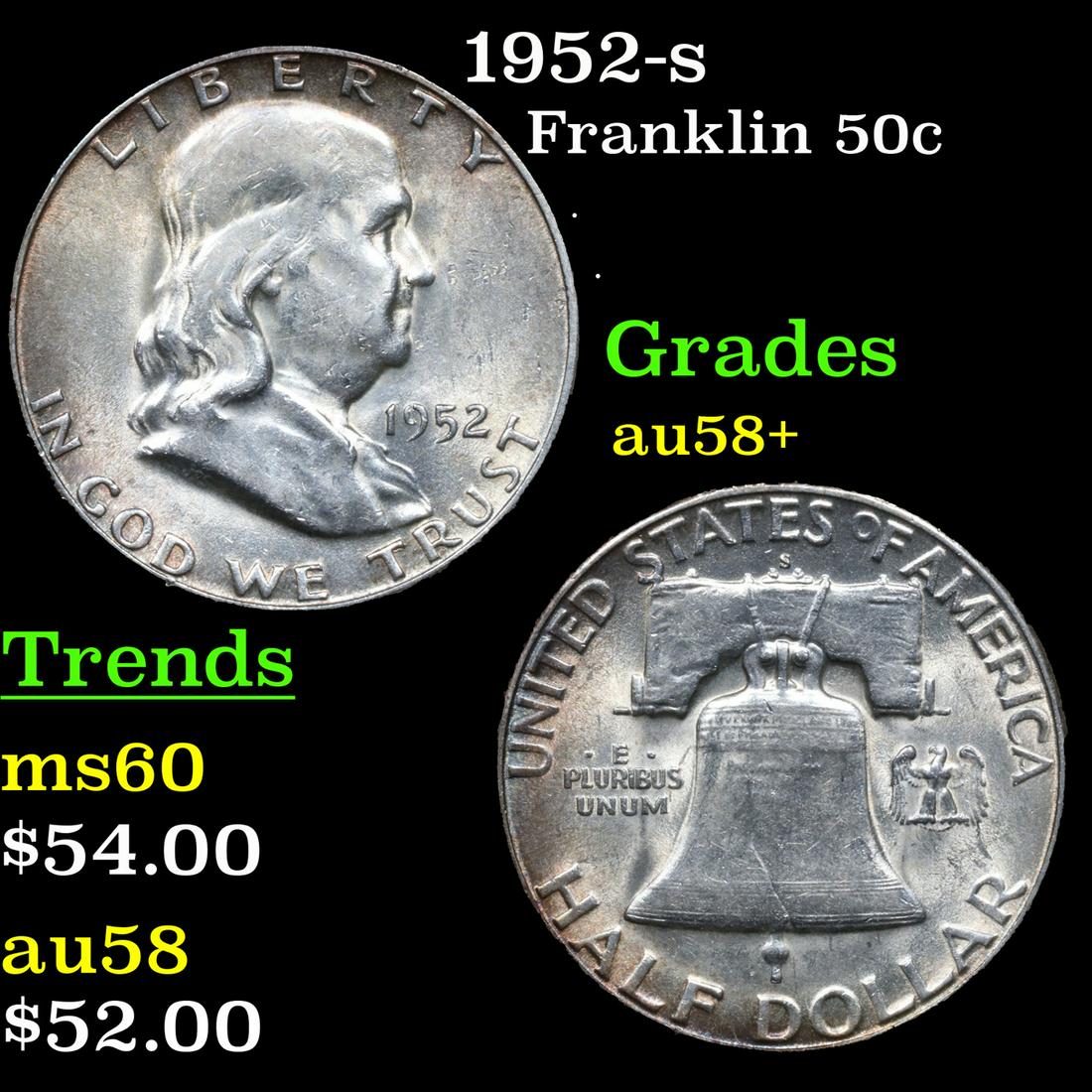 1952-s Franklin Half Dollar 50c Grades Choice AU/BU Slider+ (1 of 3)