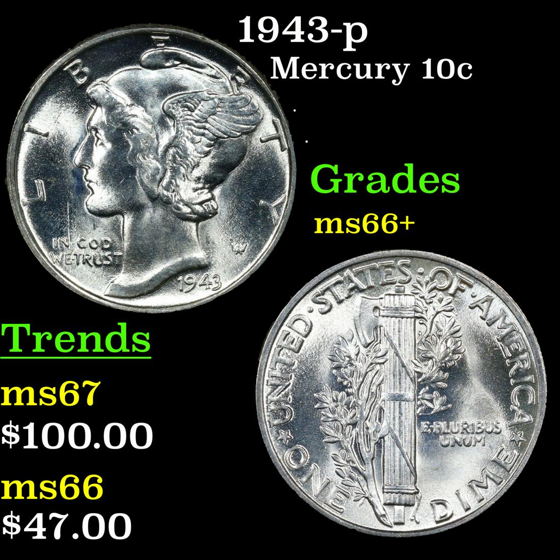 1943-p Mercury Dime 10c Grades GEM++ Unc (1 of 3)