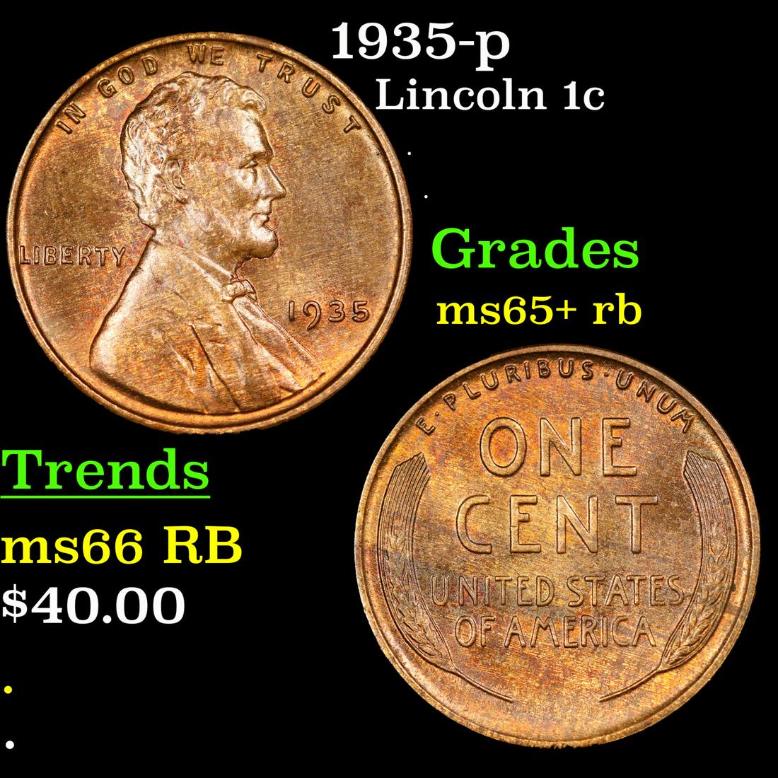 1935-p Lincoln Cent 1c Grades Gem+ Unc RB (1 of 3)