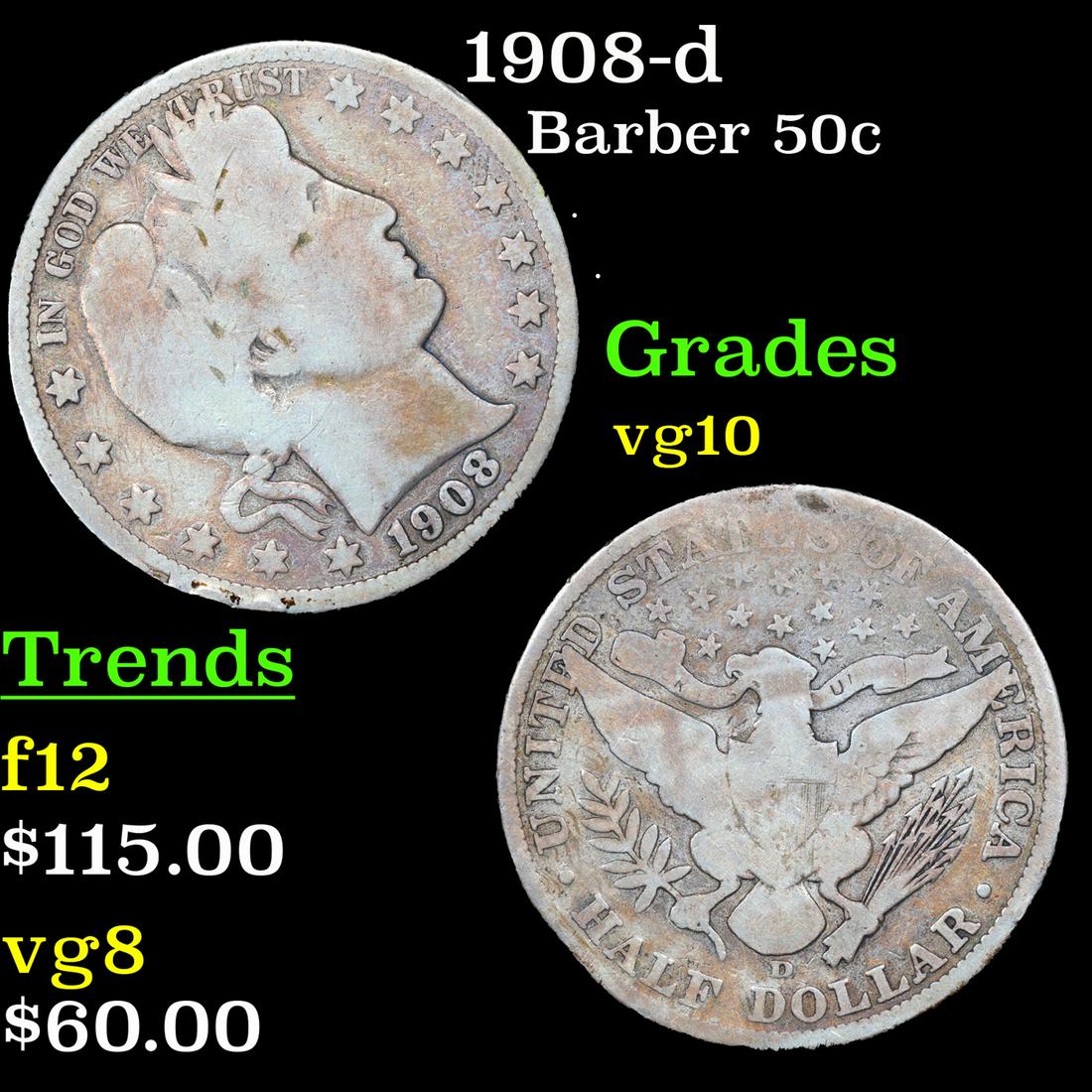 1908-d Barber Half Dollars 50c Grades vg+ (1 of 3)