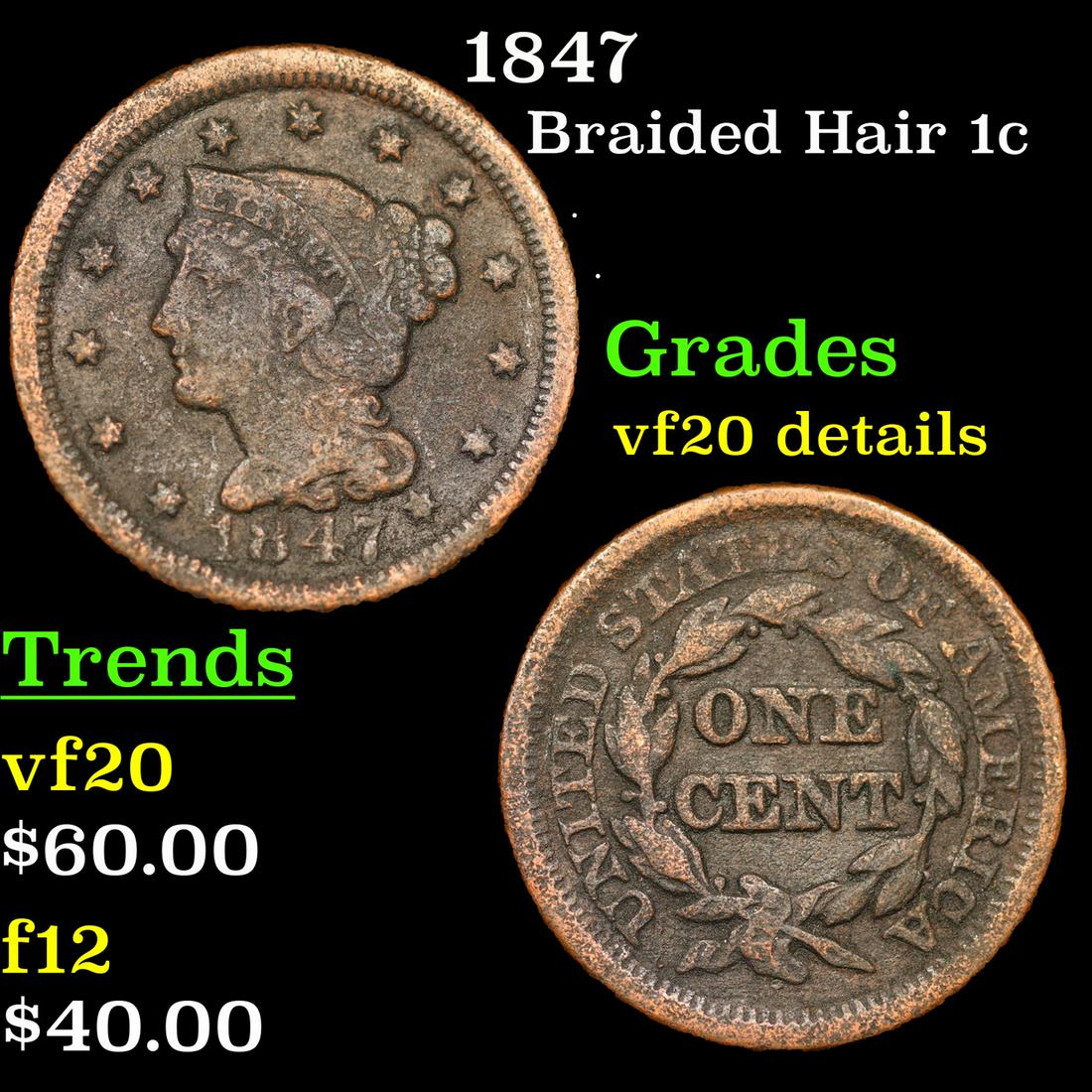 1847 Braided Hair Large Cent 1c Grades vf details (1 of 3)