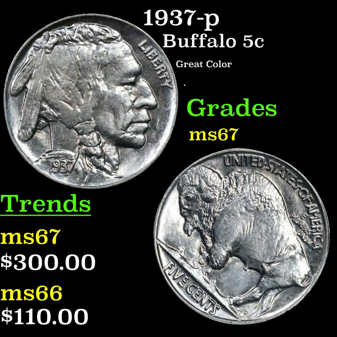 1937-p Buffalo Nickel 5c Grades GEM++ Unc (1 of 3)