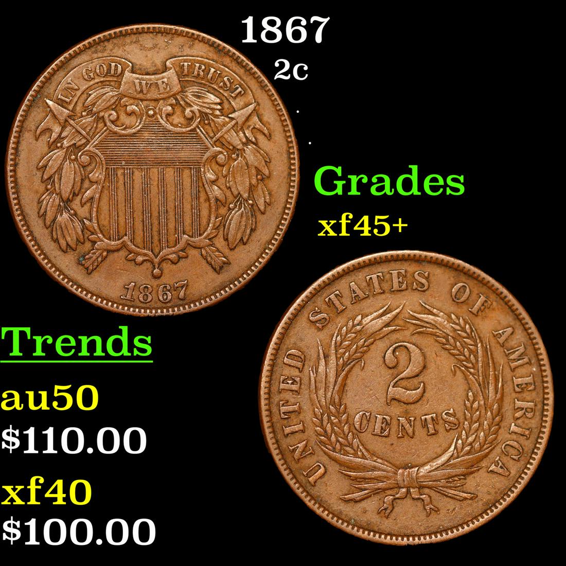 1867 Two Cent Piece 2c Grades xf+++ (1 of 3)