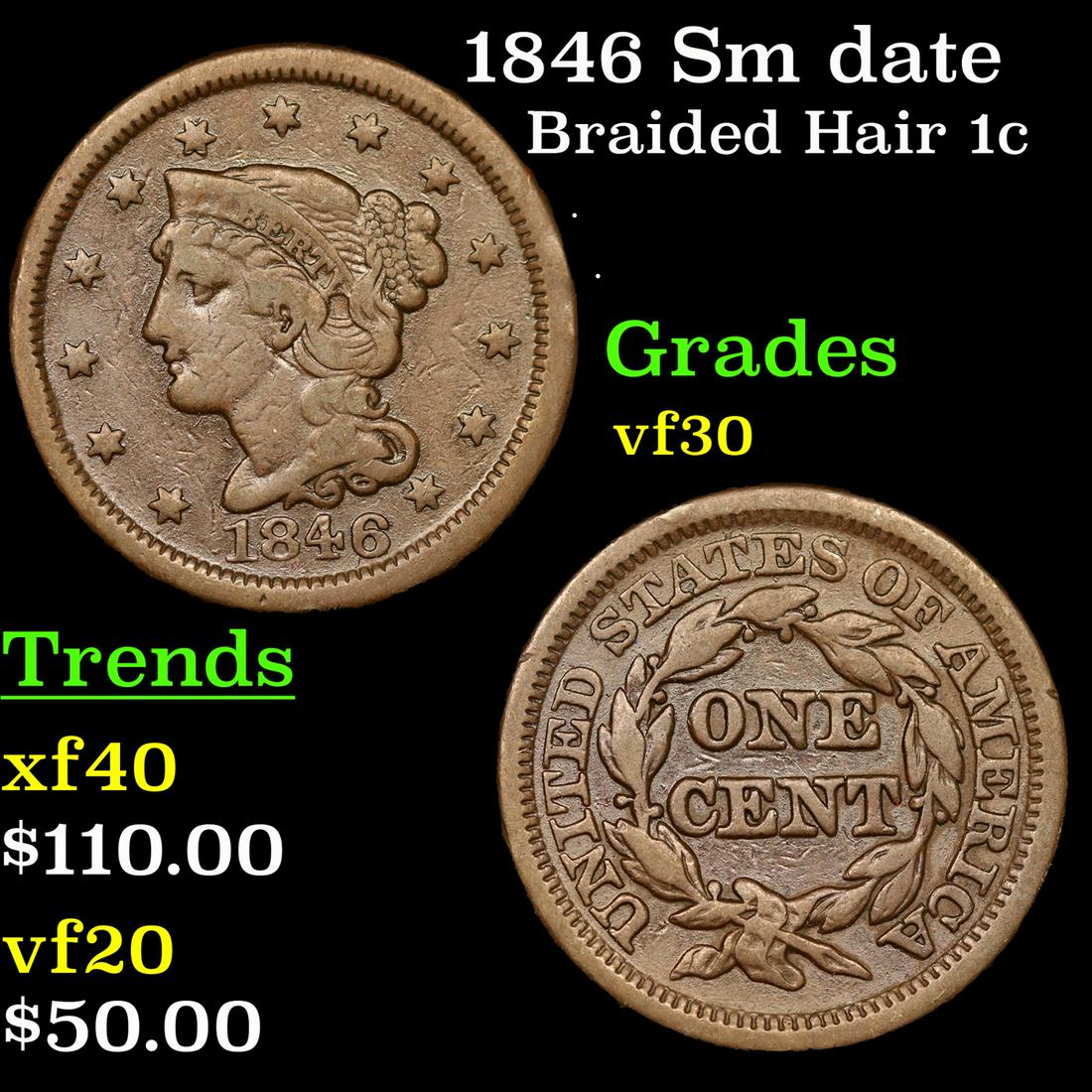 1846 Sm date Braided Hair Large Cent 1c Grades vf++ (1 of 3)