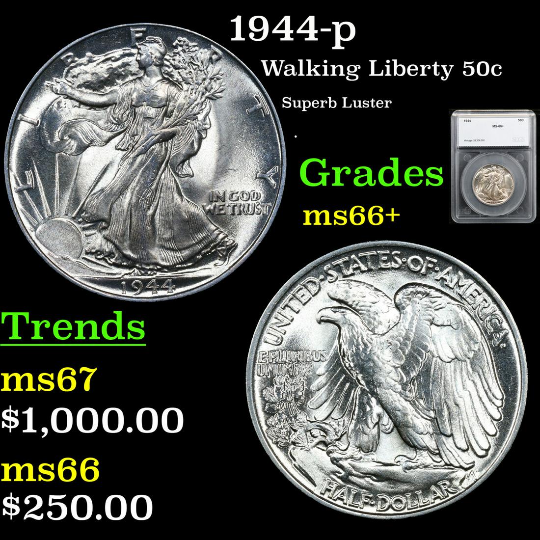 1944-p Walking Liberty Half Dollar 50c Graded ms66+ By SEGS (1 of 5)