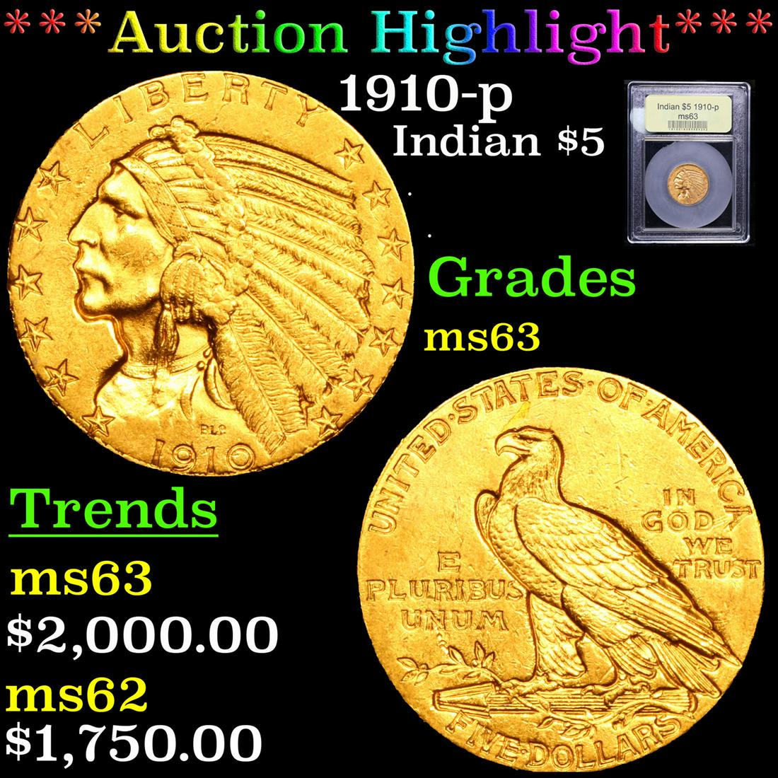 ***Auction Highlight*** 1910-p Gold Indian Half Eagle $5 Graded Select Unc By USCG (fc) (1 of 5)