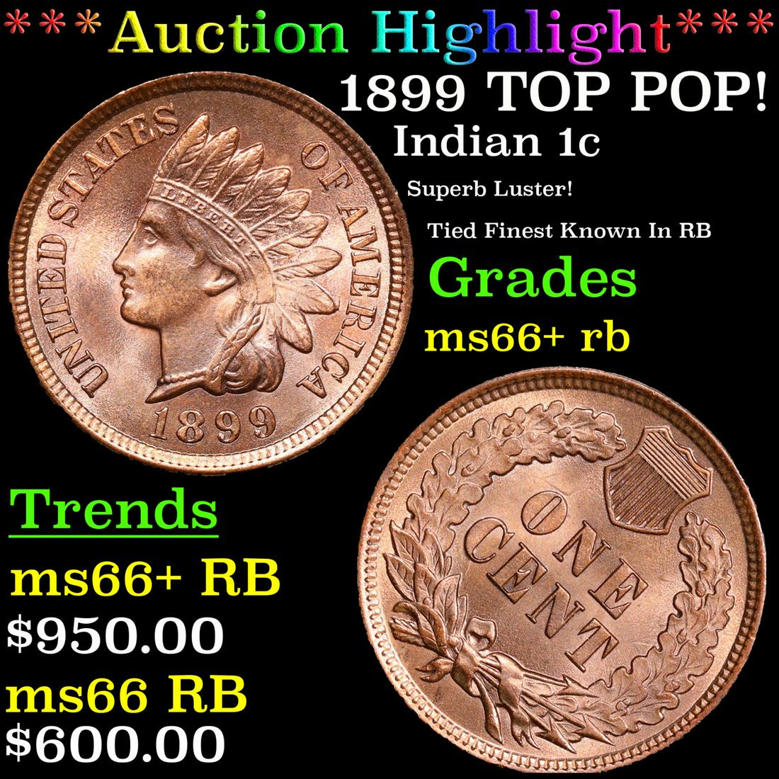 ***Auction Highlight*** 1899 Indian Cent TOP POP! 1c Graded ms66+ rb By SEGS (fc) (1 of 5)
