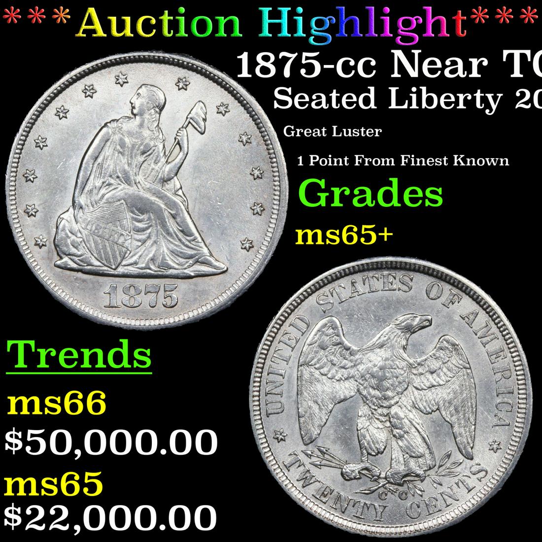 ***Auction Highlight*** 1875-cc Twenty Cent Piece Near TOP POP! 20c Graded ms65+ By SEGS (fc) (1 of 5)