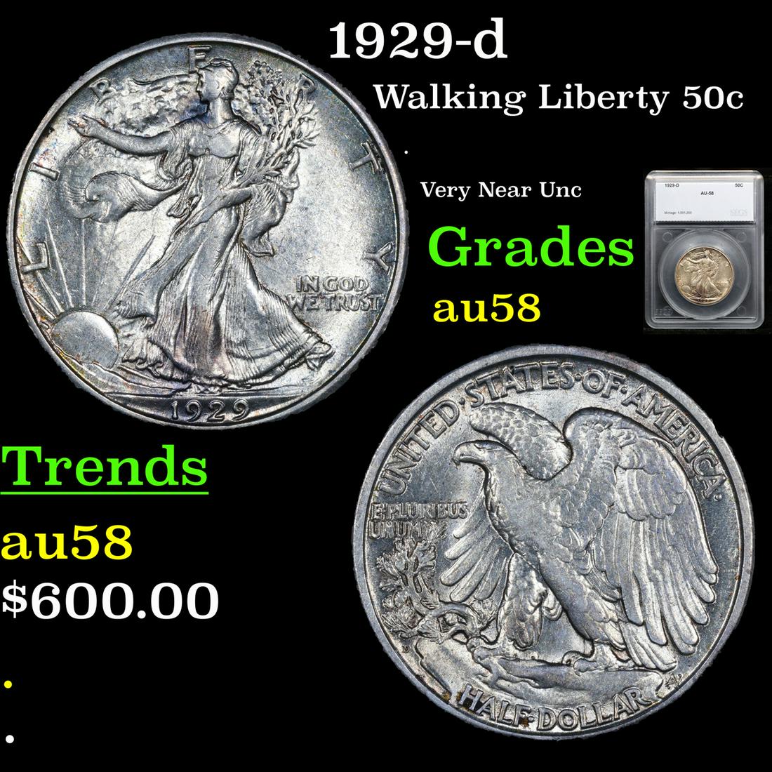 1929-d Walking Liberty Half Dollar 50c Graded au58 By SEGS (1 of 5)