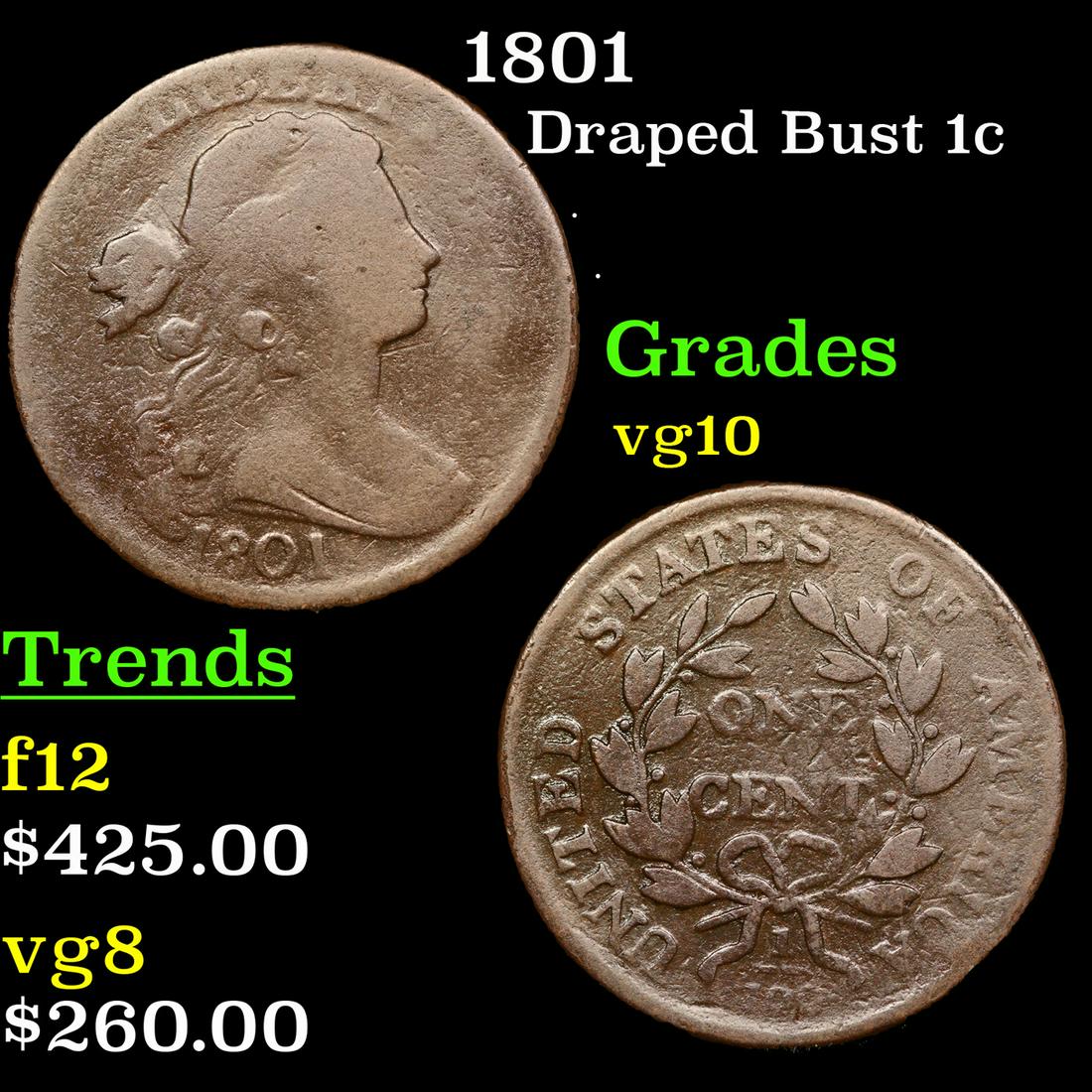 1801 Draped Bust Large Cent 1c Grades vg+ (1 of 3)