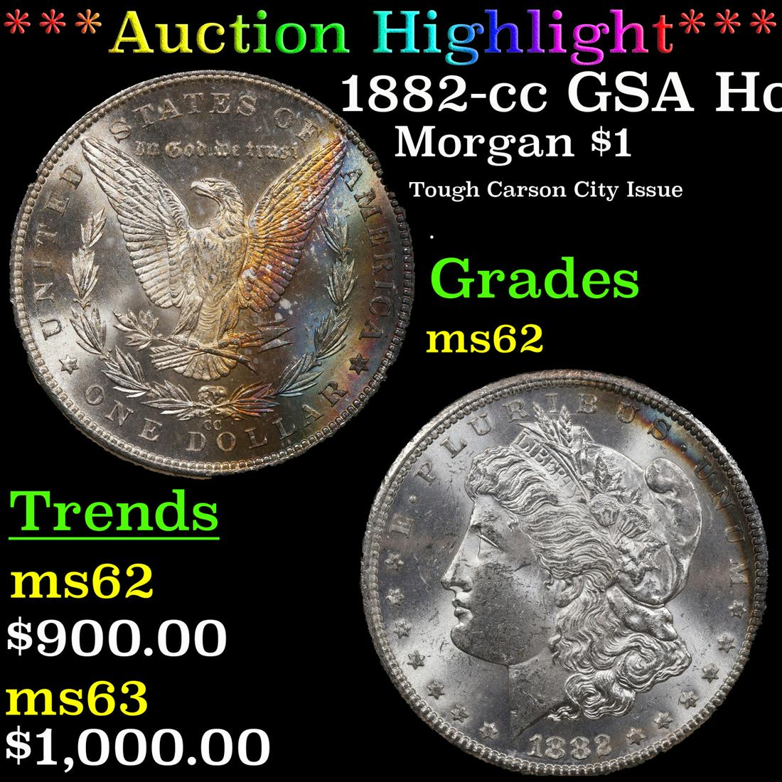 ***Auction Highlight*** NGC 1882-cc Morgan Dollar GSA Hoard Rainbow Toned $1 Graded ms62 By NGC (fc) (1 of 5)