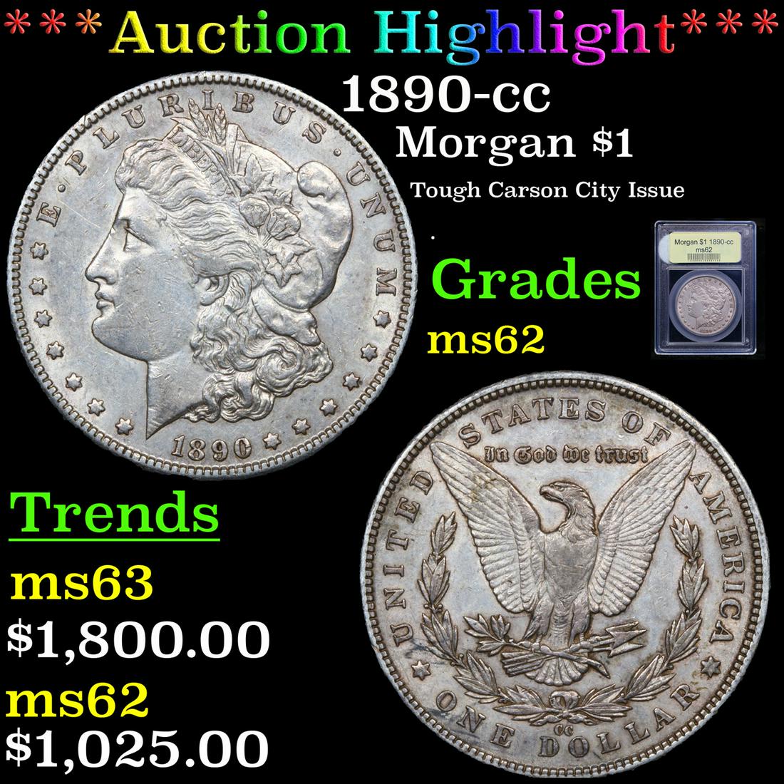 ***Auction Highlight*** 1890-cc Morgan Dollar $1 Graded Select Unc By USCG (fc) (1 of 5)