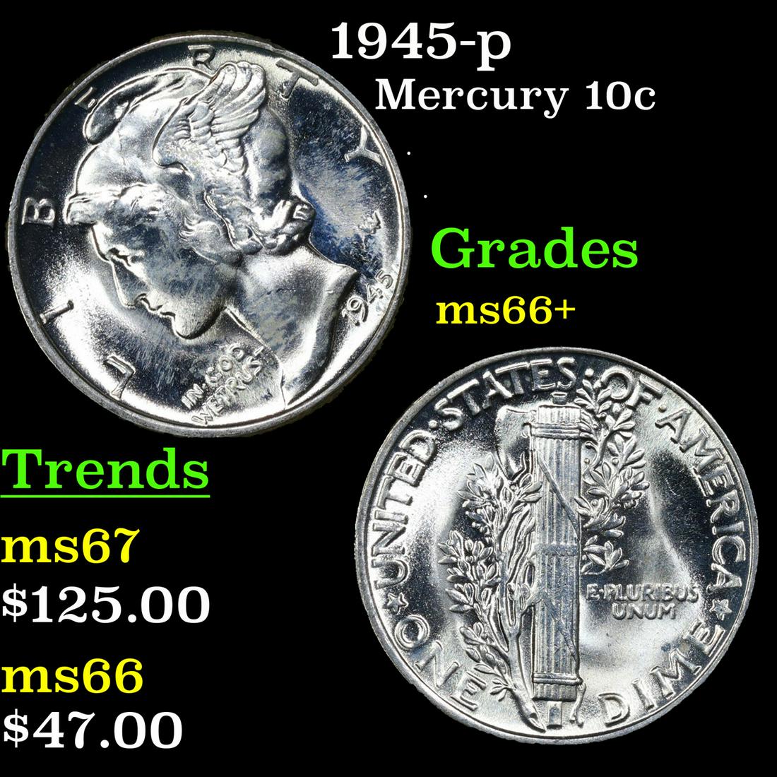 1945-p Mercury Dime 10c Grades GEM++ Unc (1 of 3)