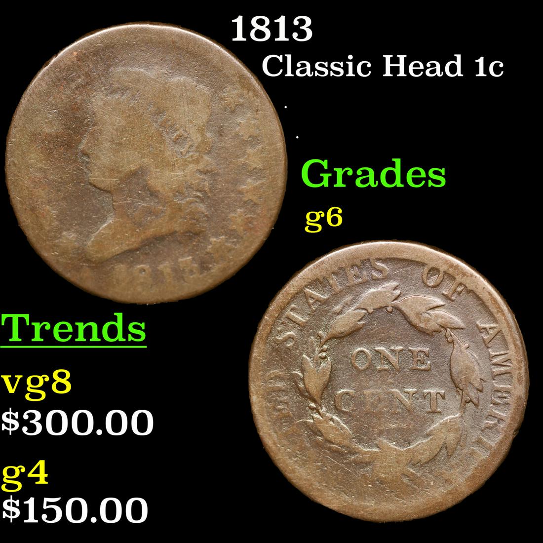 1813 Classic Head Large Cent 1c Grades g+ (1 of 3)