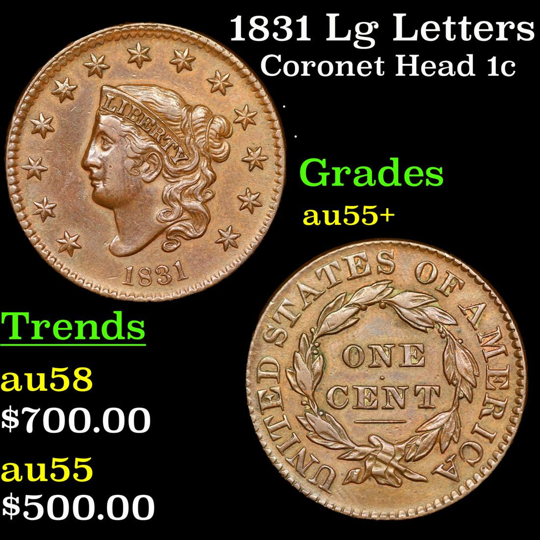 1831 Lg Letters Coronet Head Large Cent 1c Graded au55+ By SEGS (1 of 5)