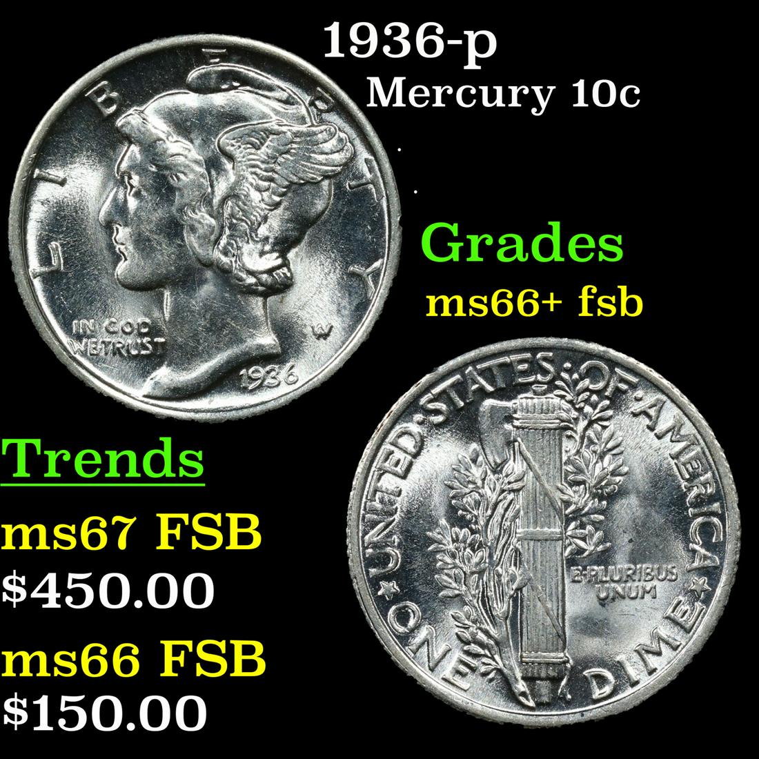 1936-p Mercury Dime 10c Grades GEM++ FSB (1 of 3)