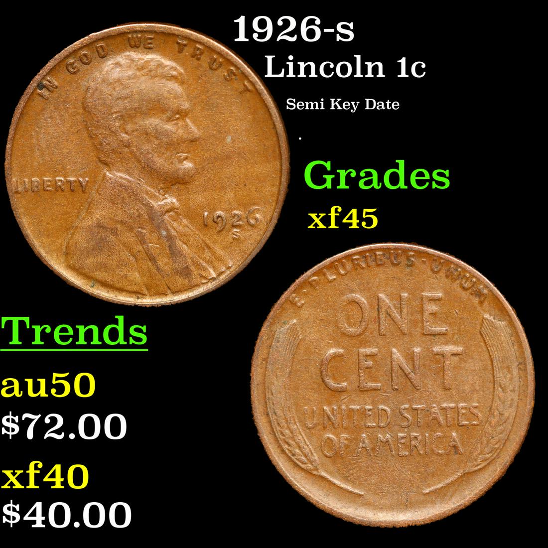 1926-s Lincoln Cent 1c Grades xf+ (1 of 3)