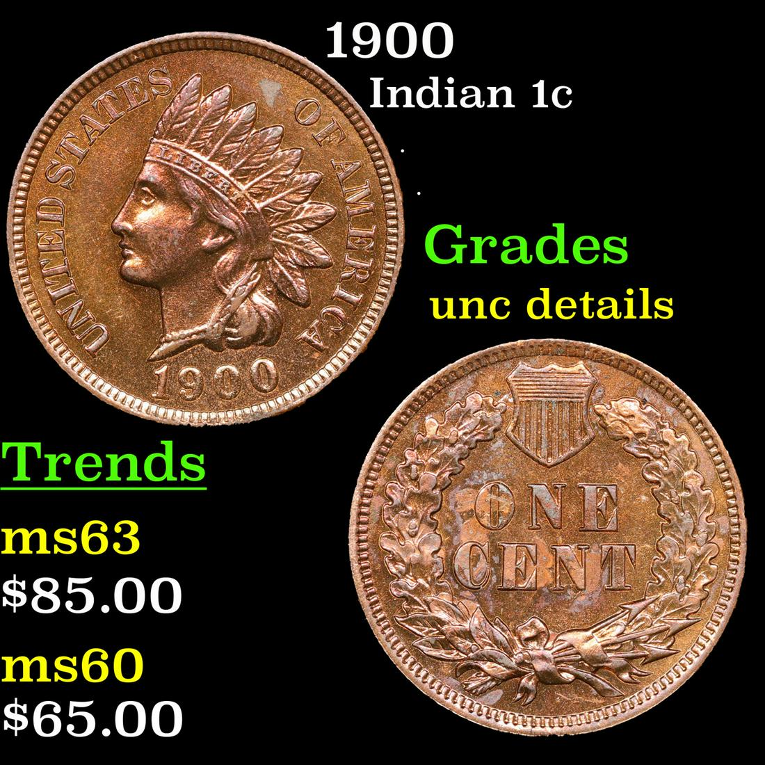 1900 Indian Cent 1c Grades Unc Details (1 of 3)