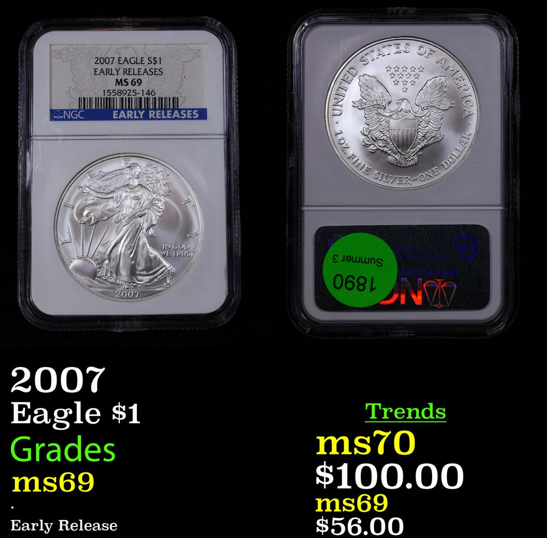 NGC 2007 Silver Eagle Dollar $1 Graded ms69 By NGC (1 of 3)