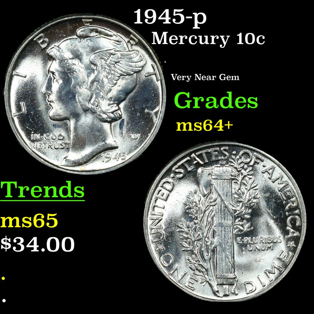 1945-p Mercury Dime 10c Grades Choice+ Unc (1 of 3)