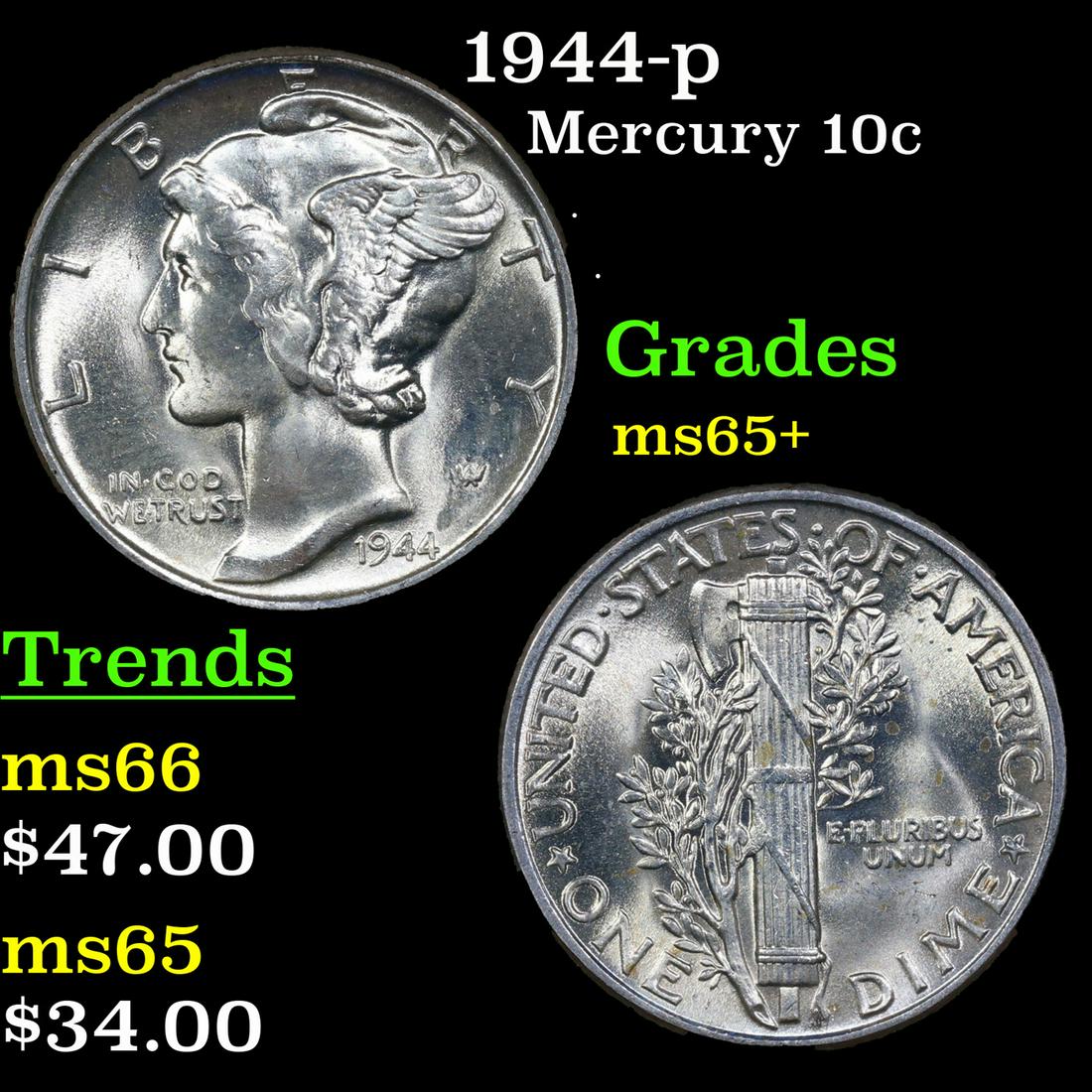 1944-p Mercury Dime 10c Grades GEM+ Unc (1 of 3)