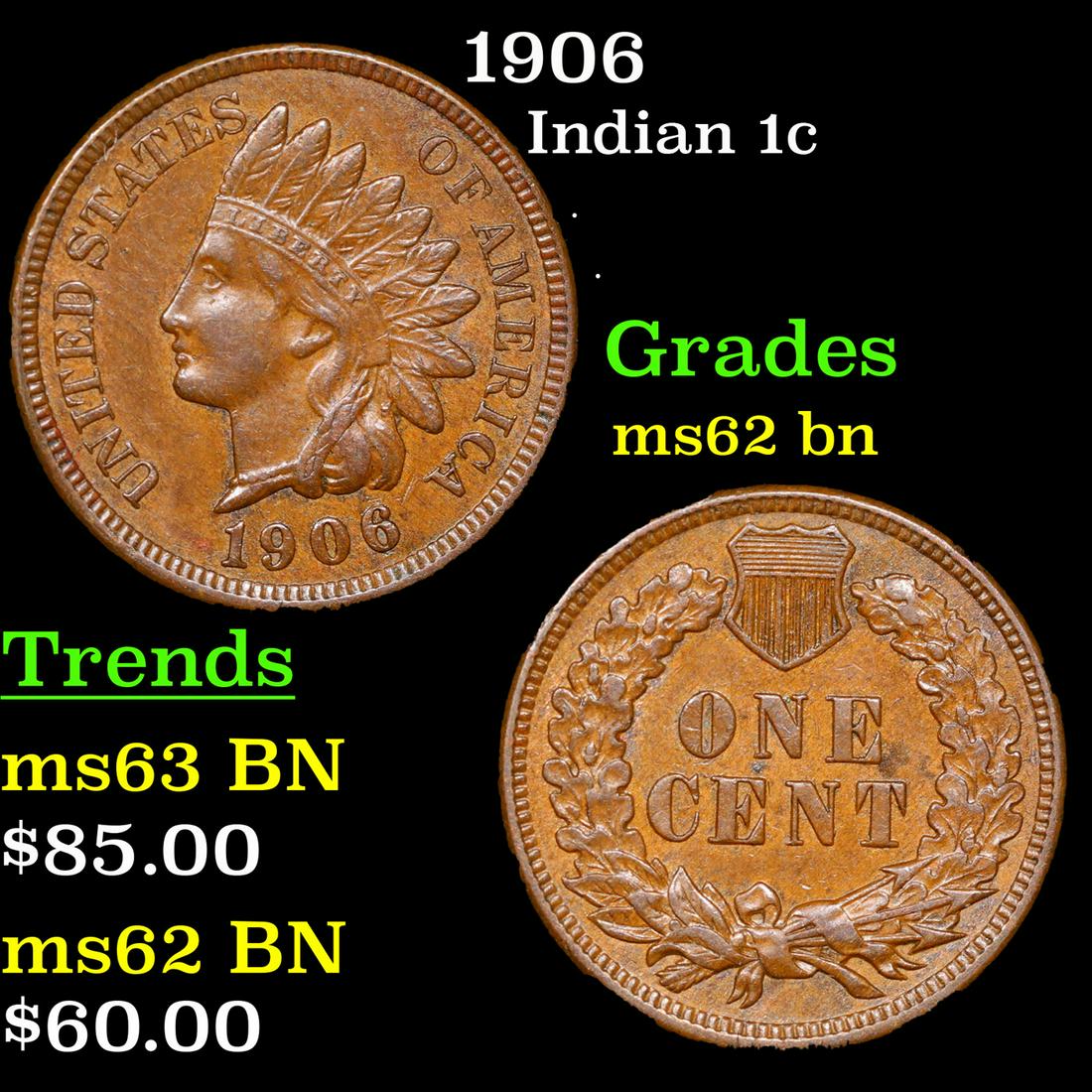 1906 Indian Cent 1c Grades Select Unc BN (1 of 3)