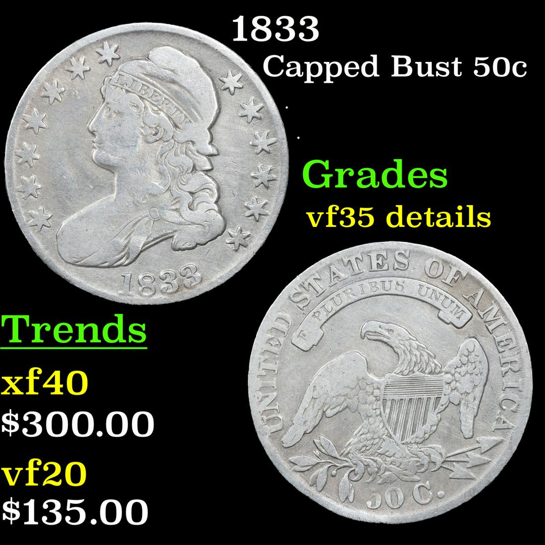 1833 Capped Bust Half Dollar 50c Grades vf details (1 of 3)