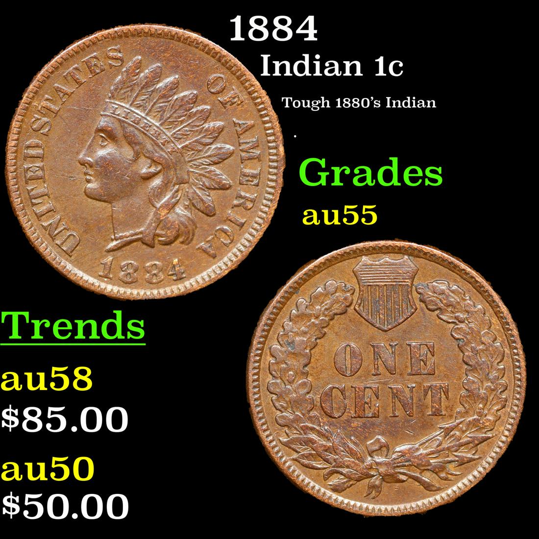 1884 Indian Cent 1c Grades Choice AU (1 of 3)