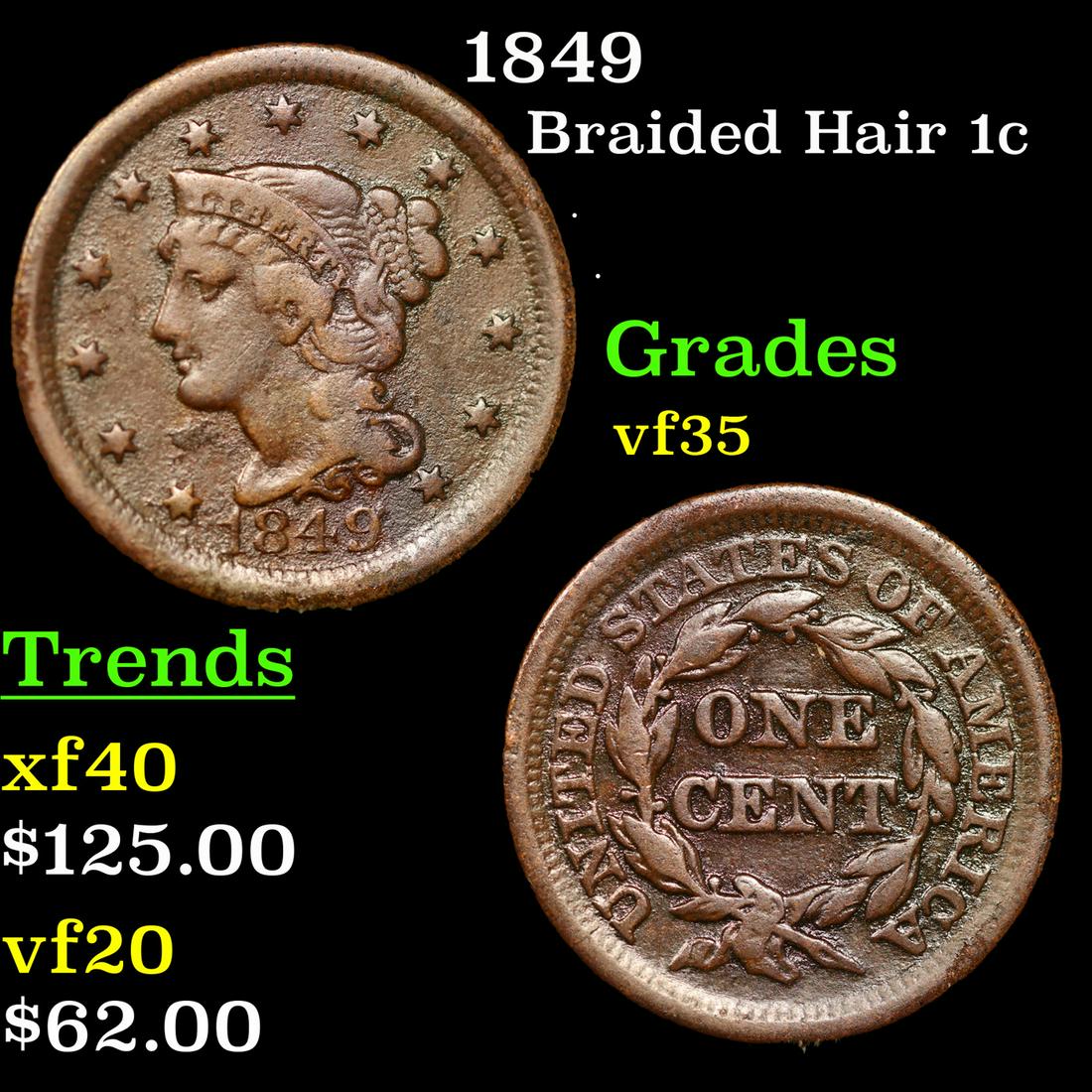 1849 Braided Hair Large Cent 1c Grades vf++ (1 of 3)