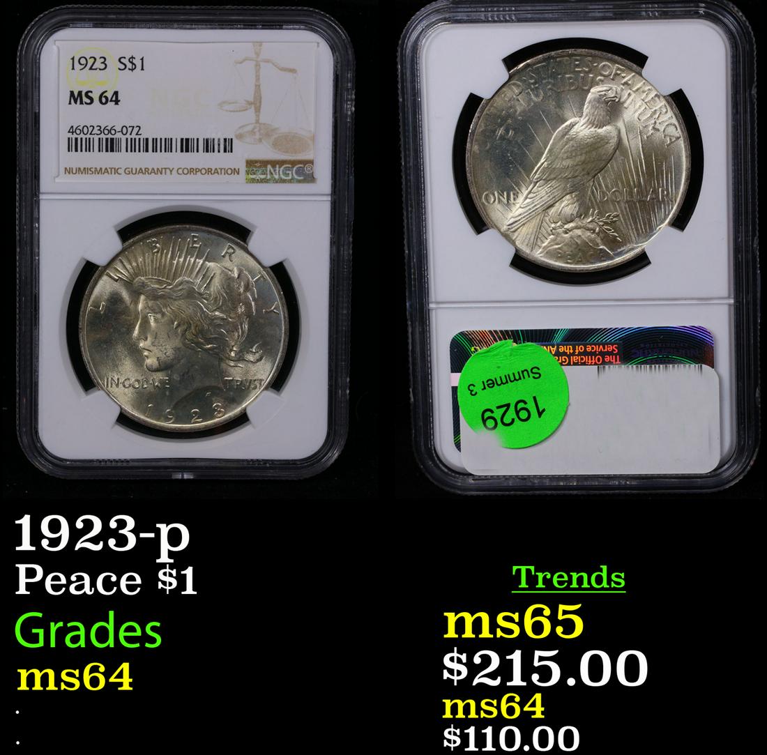 NGC 1923-p Peace Dollar $1 Graded ms64 By NGC (1 of 3)
