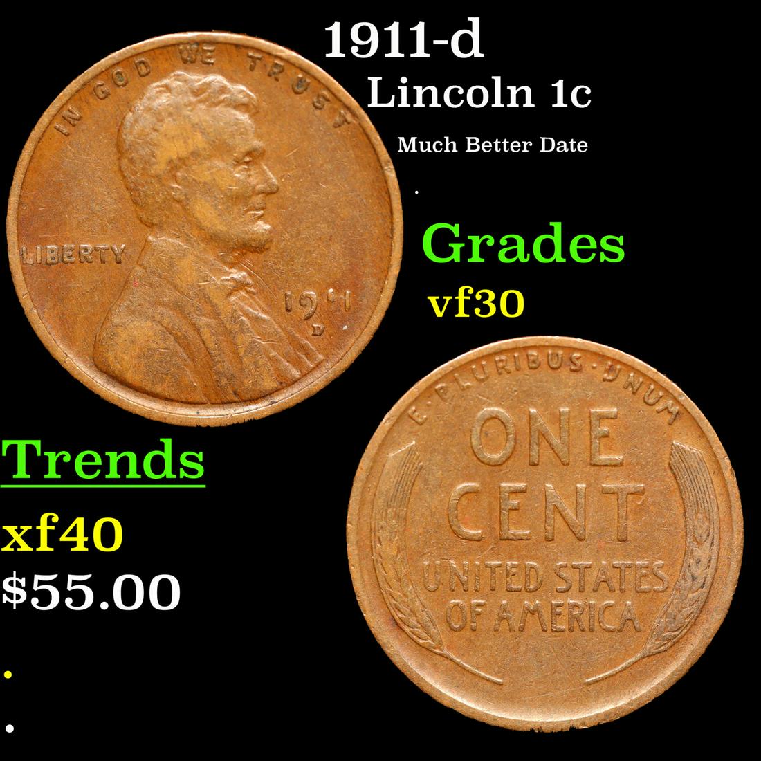 1911-d Lincoln Cent 1c Grades vf++ (1 of 3)