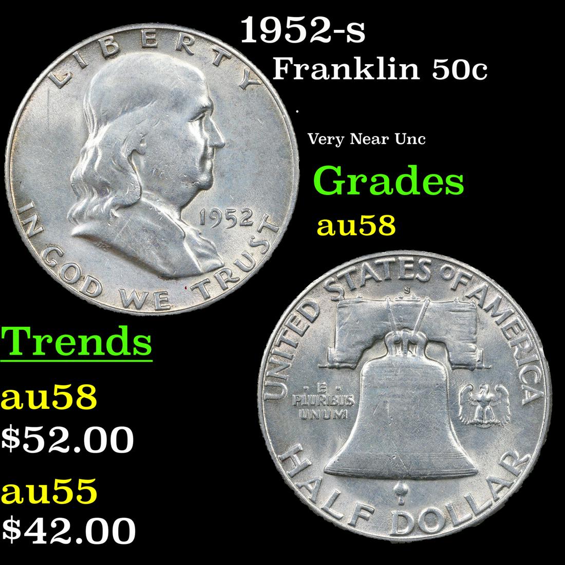 1952-s Franklin Half Dollar 50c Grades Choice AU/BU Slider (1 of 3)
