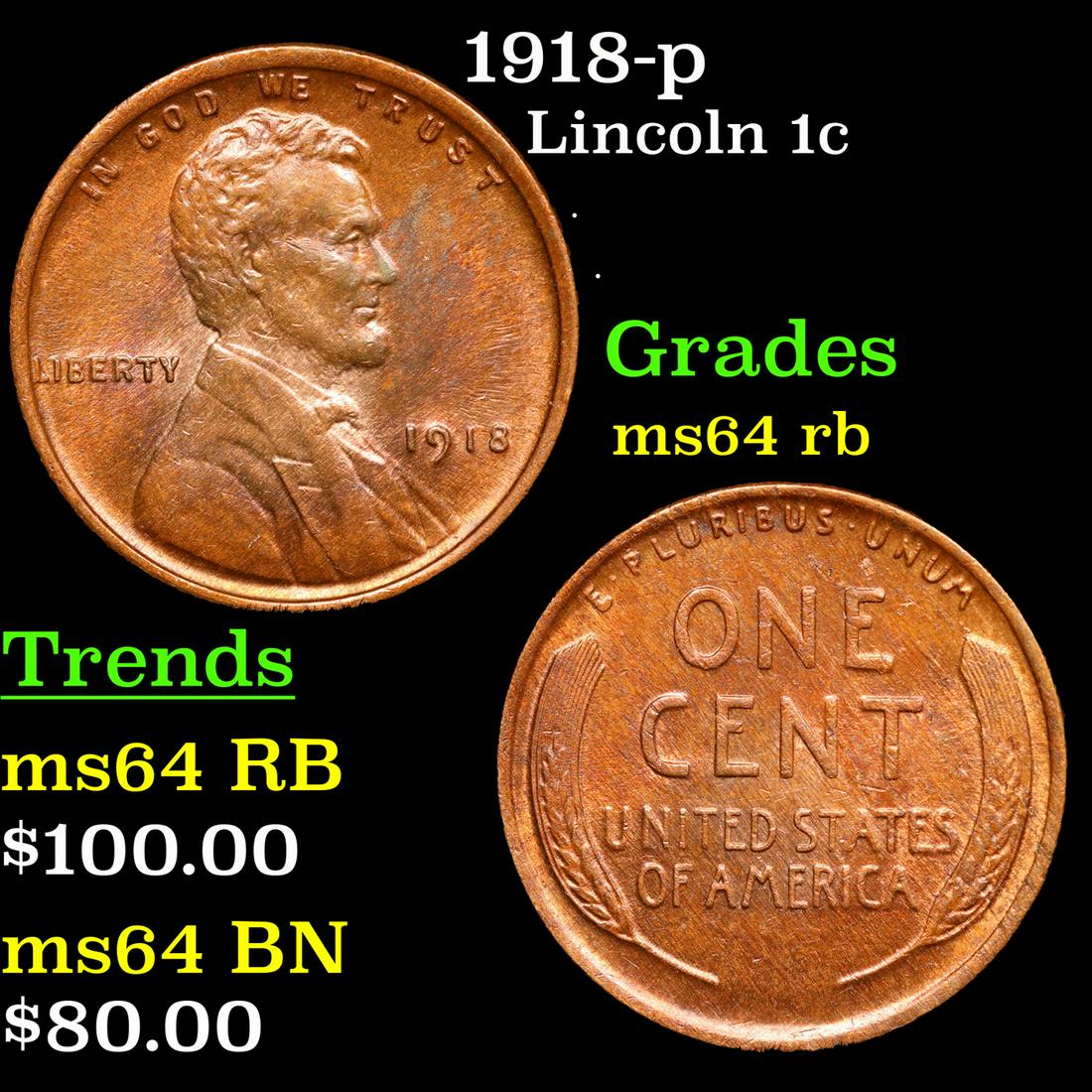 1918-p Lincoln Cent 1c Grades Choice Unc RB (1 of 3)