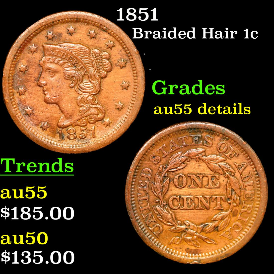 1851 Braided Hair Large Cent 1c Grades au details (1 of 3)