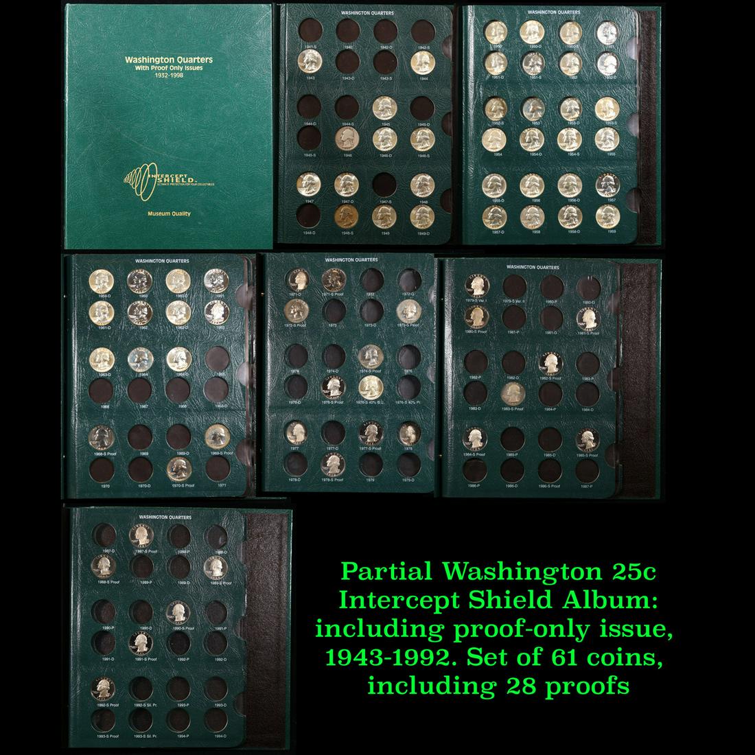 Partial Washington 25c Intercept Shield Album: including proof-only issue, 1943-1992. Set of 61 (1 of 8)