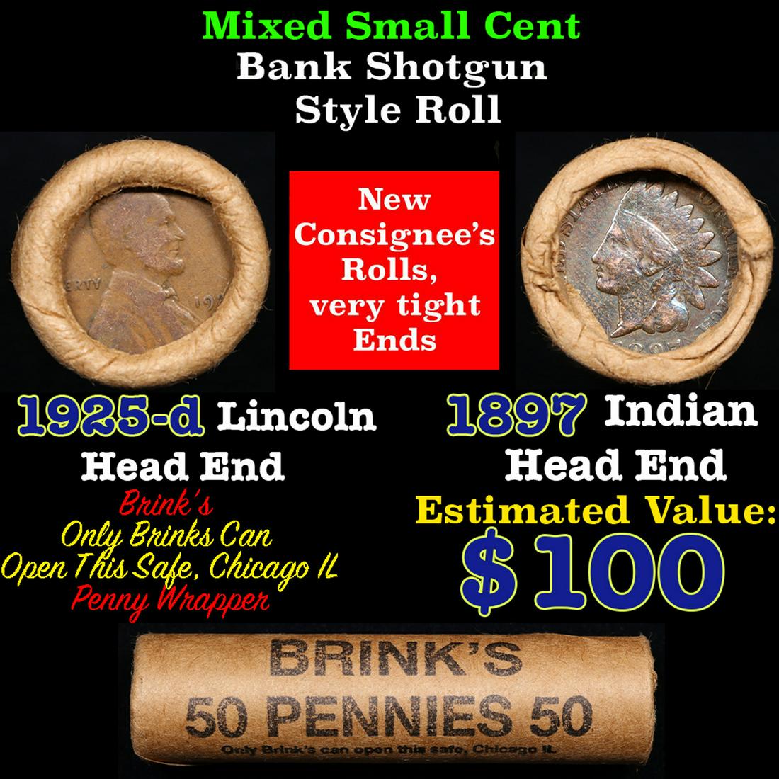Mixed small cents 1c orig shotgun roll, 1925-d Wheat Cent, 1897 Indian Cent other end, Brinks Wrappe (1 of 4)