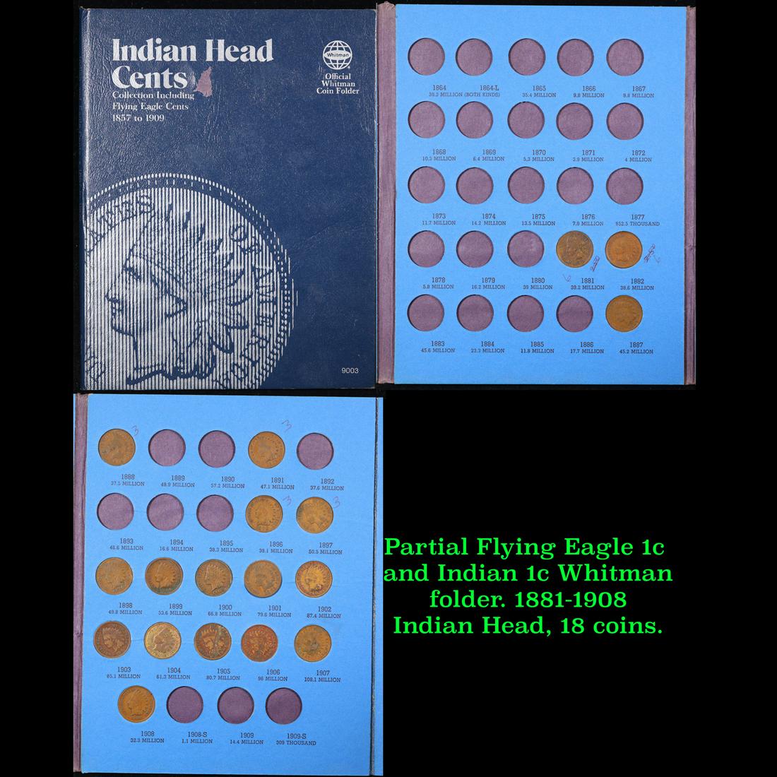 Partial Flying Eagle 1c and Indian 1c Whitman folder. 1881-1908 Indian Head, 18 coins. (1 of 4)